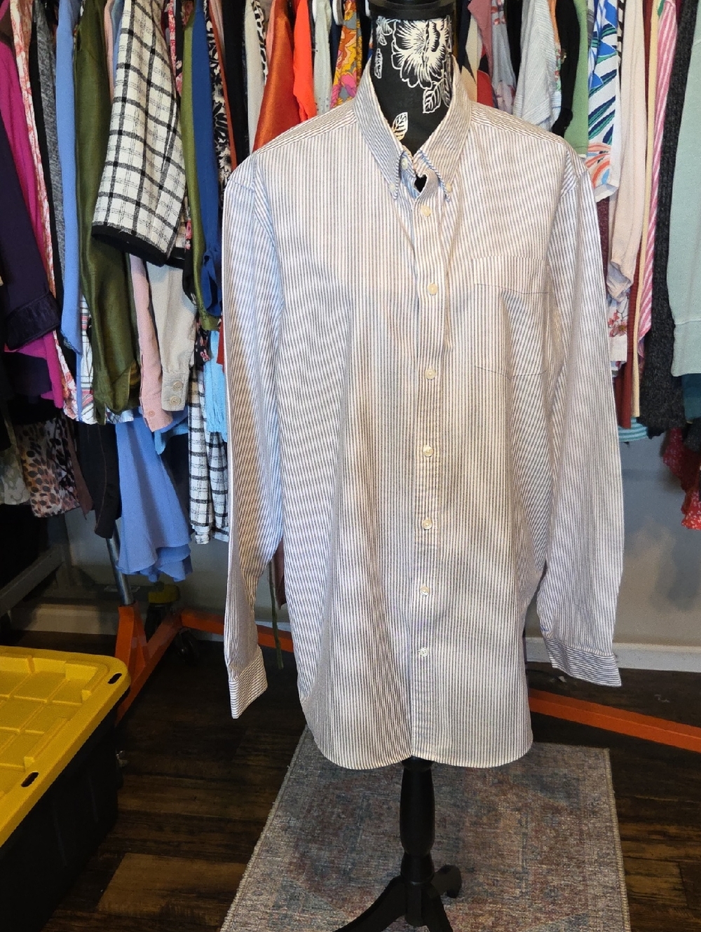 Eddie Bauer Men's Blue and White Pinstripe Dress Shirt
